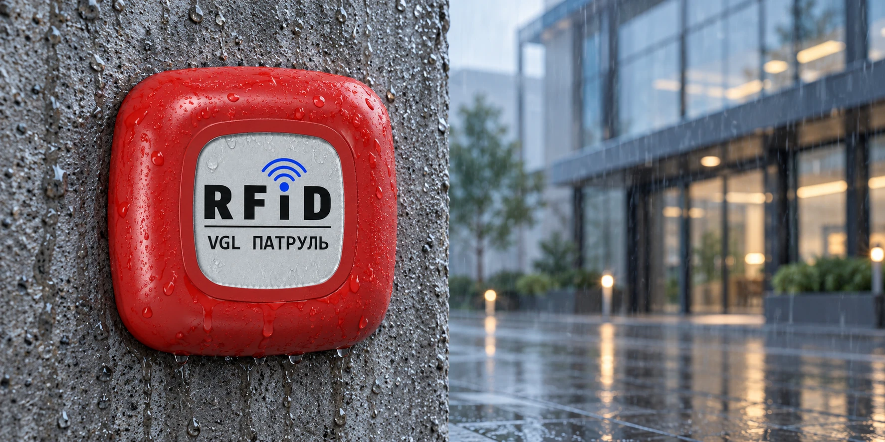 Красная RFID-метка VGL на бетонной стене под дождём
